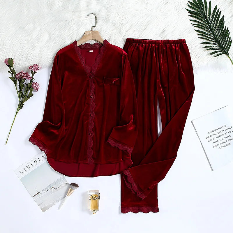 2PCS Velvet Pajamas Set For Women Sexy Female Velor V-neck Lace Homewear Autumn New Long Pant Pijamas Suit