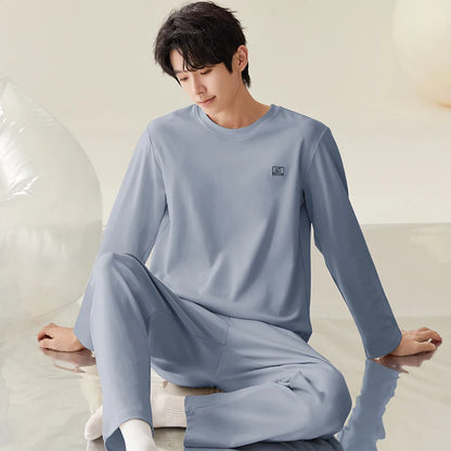 Men Pajamas Solid Color Casual Long Sleeves Long Pants Autumn Winter Simple Sleepwear Cozy Pijamas Soft Pyjamas Boys Nighty Male