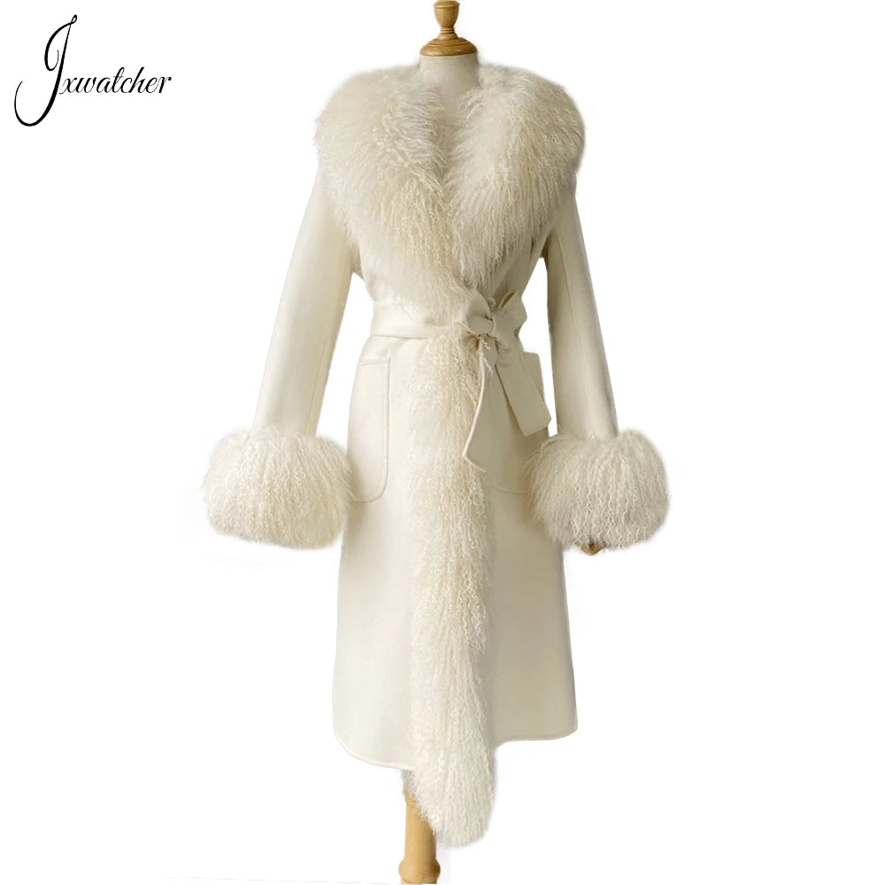 Women Mongolian Sheep Fur Coat Long Style Cashmere Jacket With Real Fur Trim Lady Autumn Winter Fashion Warm Outerwear