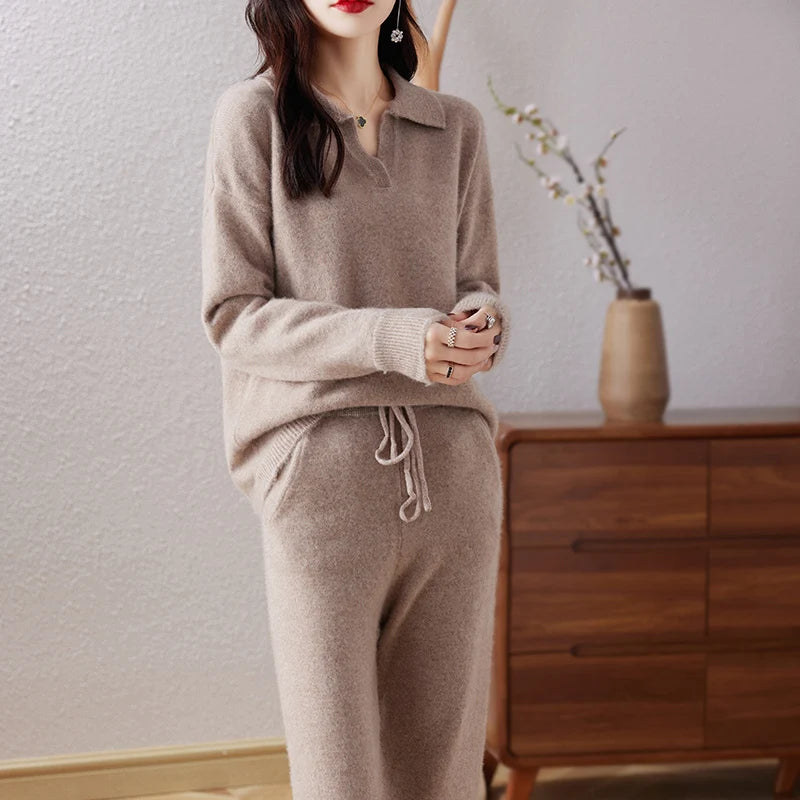 100% Pure Wool Knitted Suit Women's 24 Autumn Winter New Fashion POLO Collar Pullover Sweater Commuting Calf Pants Two-Piece Set