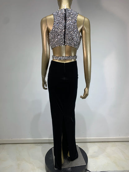 1&Only STOCK Sparkly Rhinestone Two-piece Set Women 2025 Sexy Velvet Singer Nightclub Outfit Celebrate Birthday Elegant Party Dresses