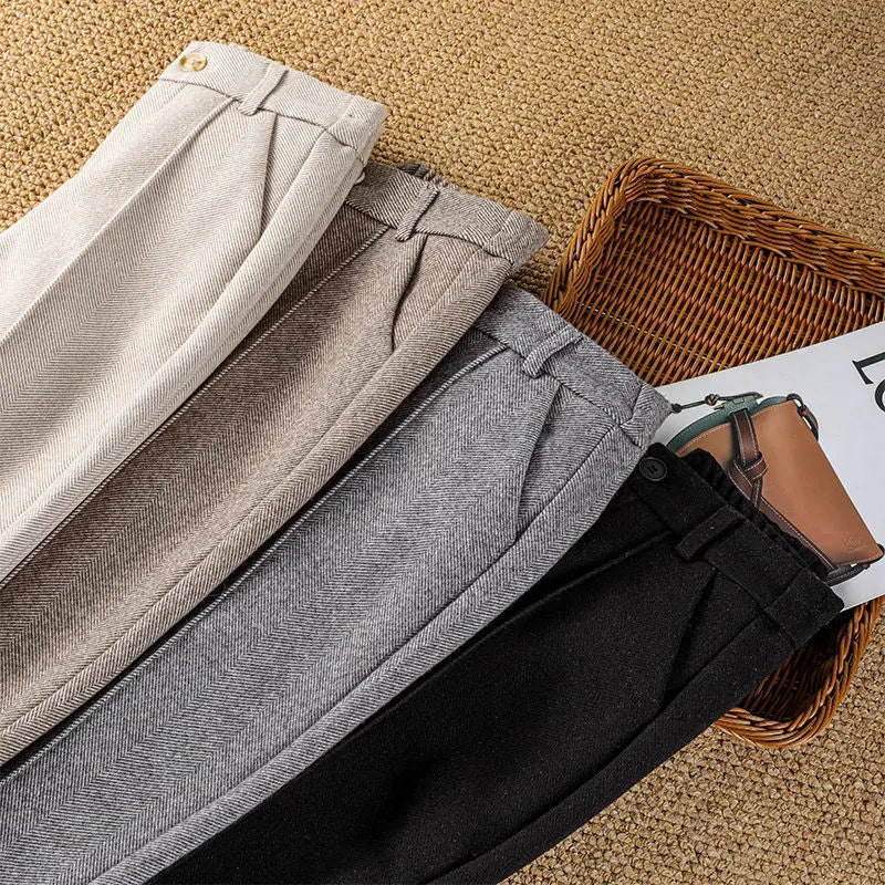 Women's Woolen Pants Casual Loose Style Street Dress Pants Wide Trousers Corduroy Joggers Wool