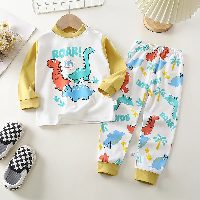 2025 New Kids Autumn Warm Pajamas Baby Boys Girls Cartoon Dinosaur Long Sleeve T-Shirt with Pants Pyjamas Toddler Clothing Sets