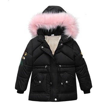 3-6 Years Winter Girls Jackets Fur Collar Fashion Little Princess Coat Warm Hooded Zipper Outerwear Birthday Gift Kids Clothes