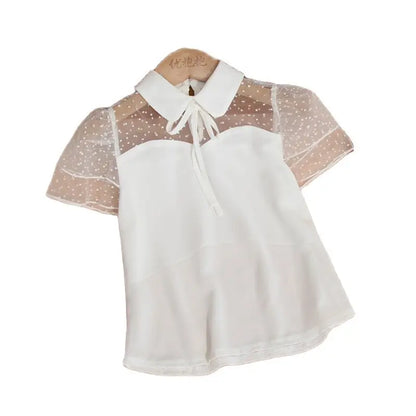 New Fashion Chiffon Blouse for Kids Girls Summer Children White Short Sleeve Shirts Teenage Turn-down Collar Lace Basic Tshirts