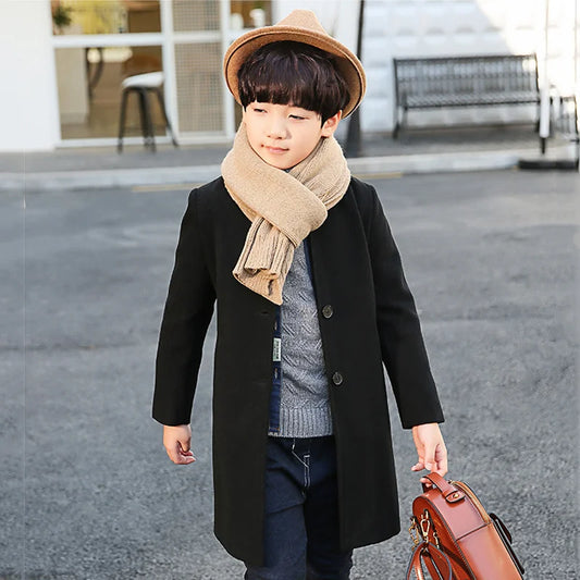 Boys Woolen Coat Overcoat Jacket Windbreak Solid Warm Plus Thicken Autumn Winter Cotton School Children's Clothing