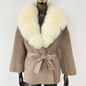 New Belt Pocket Winter Jacket Natural Real Raccoon Fox Fur Blends Wool Coat Women Loose Outerwear Casual Streetwear