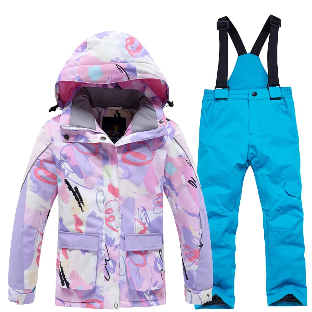 Fashion Printed Skiing Jacket + Bib Pants Snowsuits 2-Piece Boys Girls Hooded Winter Warm Windproof Snowboarding Wear