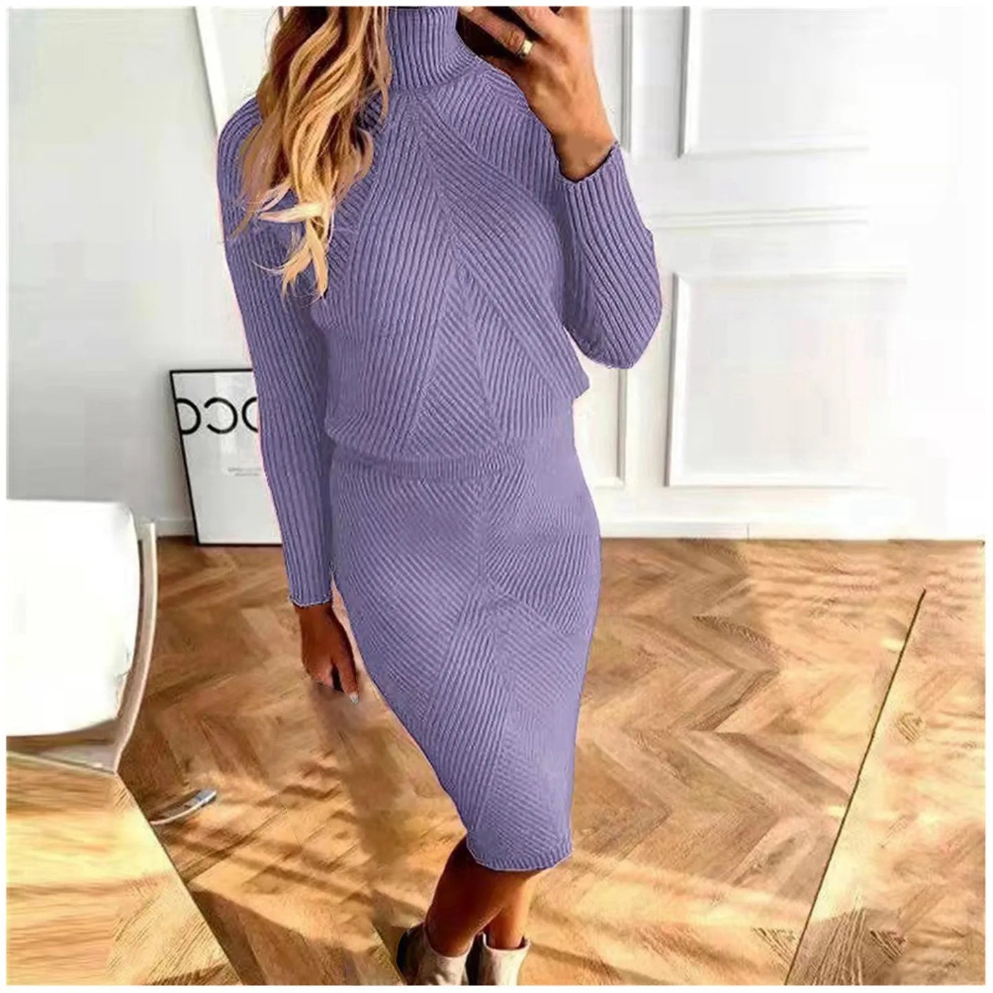 Winter Elegant Women'S Sets Korean Large Knitted Turtleneck Y2k Pencil Skirt Sets 2 Piece Outfit Office New In Matching Sets