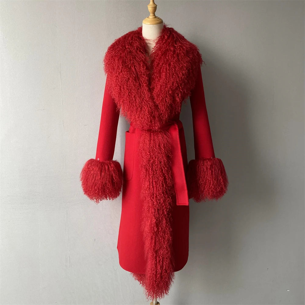 Women Mongolian Sheep Fur Coat Long Style Cashmere Jacket With Real Fur Trim Lady Autumn Winter Fashion Warm Outerwear