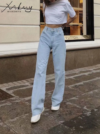 MiuKoMiYa Straight Jeans Women High Waist Streetwear Light Blue Boyfriend Denim Pants Ladies Wide Leg White Jeans For Women