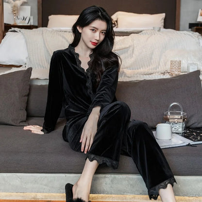 Womens Velvet Pajamas Set Long Sleeve Button Up Sleepwear Soft 2 Piece Loungewear Pj Set Lace Ruffles Autumn Winter Spring