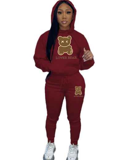 Lovely Bear Letter Print Kangaroo Pocket Tracksuit Set Long Sleeve Hoodie+Drawstring Trousers Women Two Pieces Matching Suits