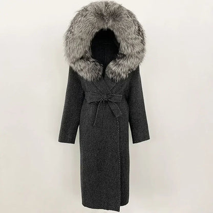 Real Natural Fox Fur Coat Winter Hooded Detachable Collar Fur Jacket Long Woolen Jacket Women Double-faced Casual Overwears