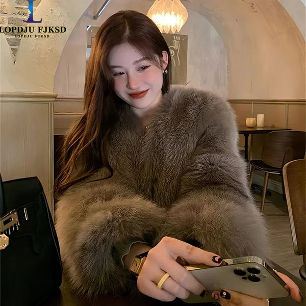 Faux Fox Fur Coat for Women,Korean Short Jackets, Thicken Overcoat, Casual,V-Neck, Female Clothes, New, Winter