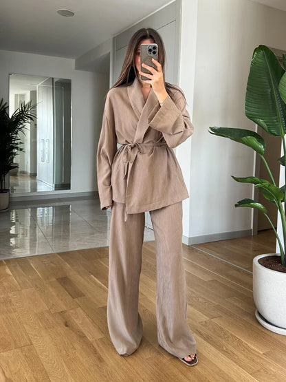 TRAF Fashion Women's Pants Suit Solid Khaki Drawstring Long Sleeve Cardgian Blouse+ Elastic Waist Wide Leg Pants Streetwear