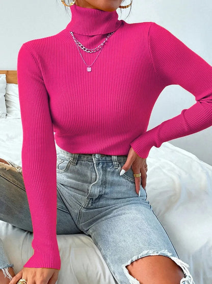 Autumn Winter Women Long Sleeve Knitted Foldover Turtleneck Ribbed Pull Sweater Soft Warm Femme Jumper Pullover Clothes