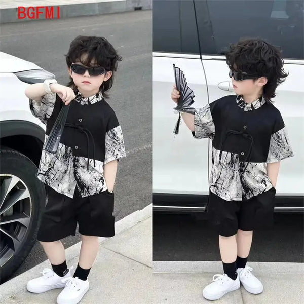 Boys New Chinese Style Short Sleeved Set Summer Thin Chiffon 2025 Kid Standing Collar Ink Painting Shirt+ Black Shorts 2pcs Set