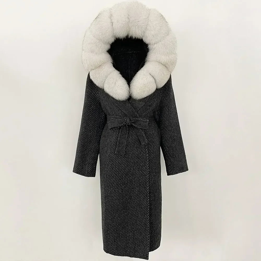 Real Natural Fox Fur Coat Winter Hooded Detachable Collar Fur Jacket Long Woolen Jacket Women Double-faced Casual Overwears