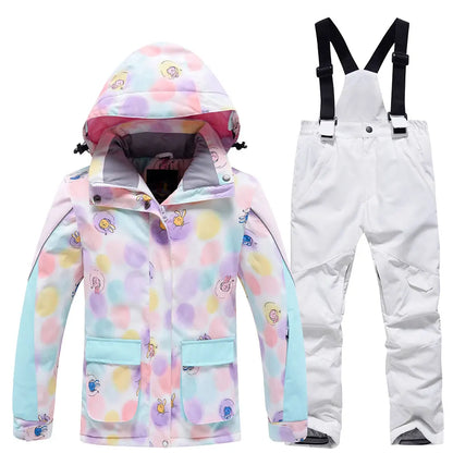 Fashion Printed Skiing Jacket + Bib Pants Snowsuits 2-Piece Boys Girls Hooded Winter Warm Windproof Snowboarding Wear