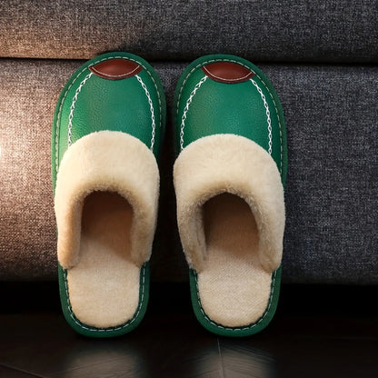 Men Winter Leather Slippers Bedroom Cotton Slippers Male Waterproof Thick Plus Velvet Indoor Warm House Home Slippers Shoes