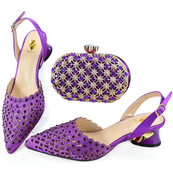 Doershow  High Quality African Style Ladies Shoes And Bags Set Latest purple Italian Shoes And Bag Set For Party