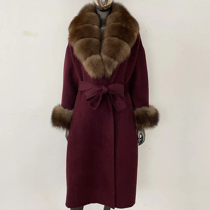 Wool Coat Women New Autumn Winter Real Fox Fur Jacket Female Long Warm Natural Fox Fur Collar Fur Cuffs