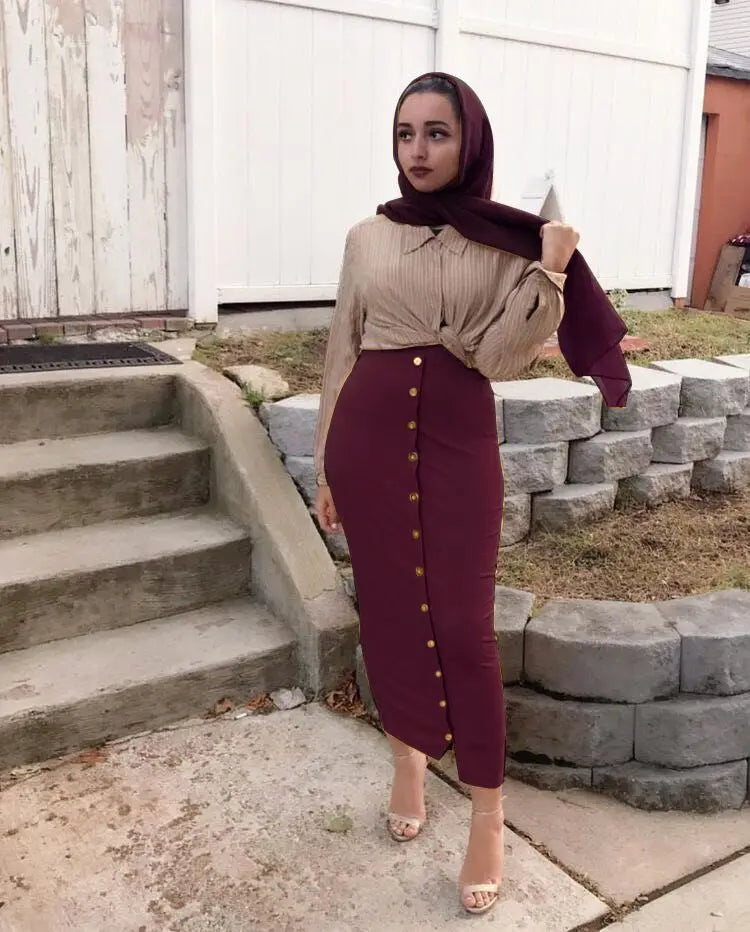 Winter Autumn High Waist Women Skirts Muslim Button Bodycon Sheath Long Maxi Half Dress Femme Sexy Pencil Skirt Solid Streetwear