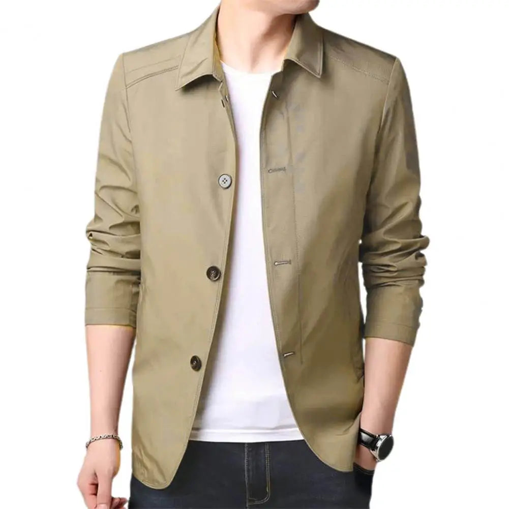 Warm Men Jacket Elegant Men's Mid Length Business Jacket with Turn-down Collar Single-breasted Design for Fall Spring Seasons