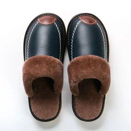 Men Winter Leather Slippers Bedroom Cotton Slippers Male Waterproof Thick Plus Velvet Indoor Warm House Home Slippers Shoes