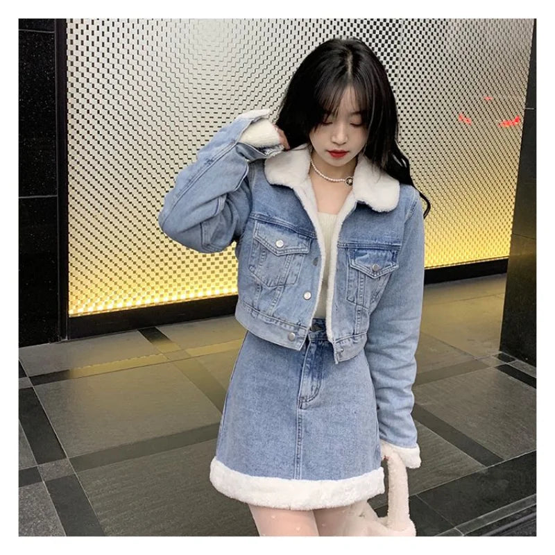 Autumn Winter Korean Edition Suit New Lamb Wool Spliced Denim Coat Women's Short Sweet Cool Half Skirt Two Piece Set Trend