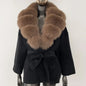 New Belt Pocket Winter Jacket Natural Real Raccoon Fox Fur Blends Wool Coat Women Loose Outerwear Casual Streetwear