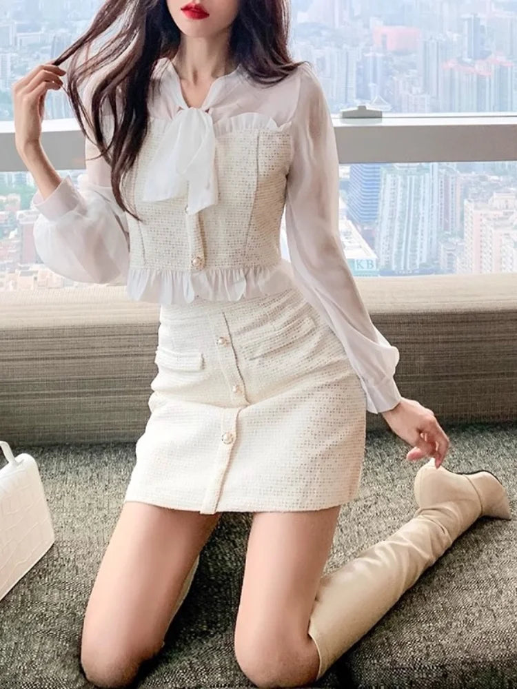 Elegant Commuter Suit Autumn New French Lace-Up Bow Chiffon Ruffle Edge Splicing Shirt+High Waist A-Line Skirt 2-Piece Set Women