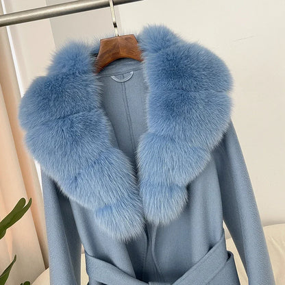 Natural Real Fox Fur Collar Jacket Winter Wool Woolen Long Fur Ladies Women Warm Outerwear Casual Clothes for Lady