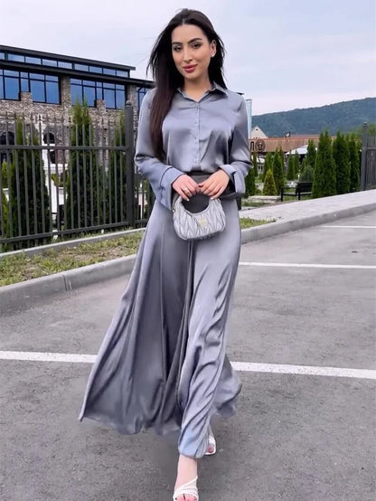 Muslim Women Two Piece Skirt Sets Full Sleeve Shirts Button High Waist A Line Long Skirts Slim Fit Solid Splice Autumn