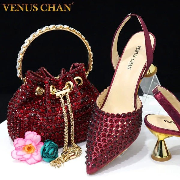 Venus Chan Pointed Toe Heels for Women 2025 Elegant Party Wine Color Full Diamond Pumps Italian Shoes and Bags Matching Set