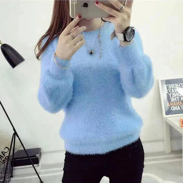 Winter Imitate Mink Wool Fleecing Female Clothing O-neck Long Sleeve Elastic Casual Women's Sweater Knitted Tops Pullovers Solid