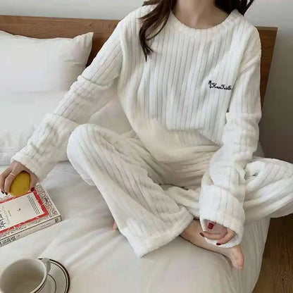 Autumn Solid Warm 2 Piece Sets Thicken Velvet Ribbed Fleece Set Pullover And Pants Women Casual Pajama Sets