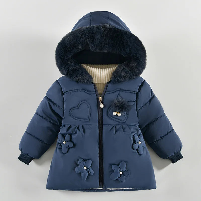 Flowers Autumn Winter Girls Jacket Fur Collar Keep Warm Little Princess Coat Hooded Zipper Baby Outerwear 2-4 Years Kids Clothes