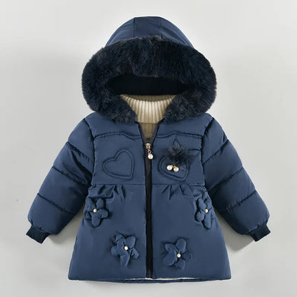 Flowers Autumn Winter Girls Jacket Fur Collar Keep Warm Little Princess Coat Hooded Zipper Baby Outerwear 2-4 Years Kids Clothes