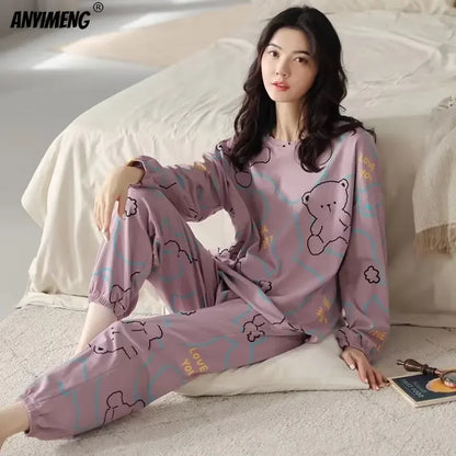 M-5XL Big Size Autumn Spring Pajamas Set for Women Kawaii Printing Sleepwear for Girl Fashion Long Sleeve O-neck Woman's Pijamas