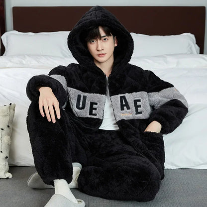 2 Pieces Set Flannel Homewear with Hood For Men 2025 New Zipper Home Clothes Plus Size L-3XL Thicken Nightwear Young Boy Warm Pj