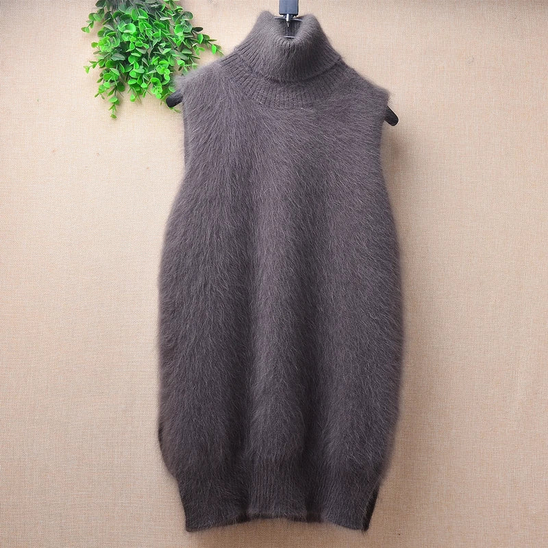 Ladies Women Fall Winter Clothing Hairy Angora Rabbit Hair Knitted Sleeveless Turtleneck Slim Blouses Vest Mink Fur Sweater