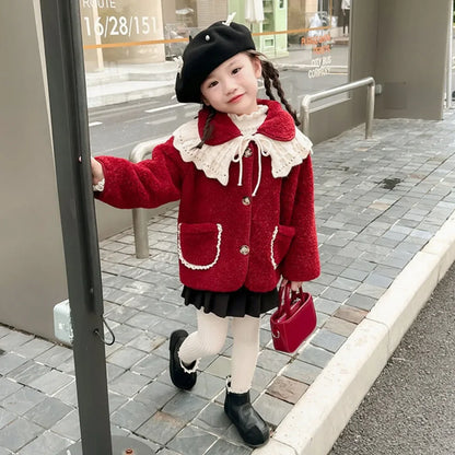 Girls Plus Velvet Thickened Coat Autumn and Winter New Style Little Girl Coat Autumn and Winter Lace Large Lapel Wool Sweater