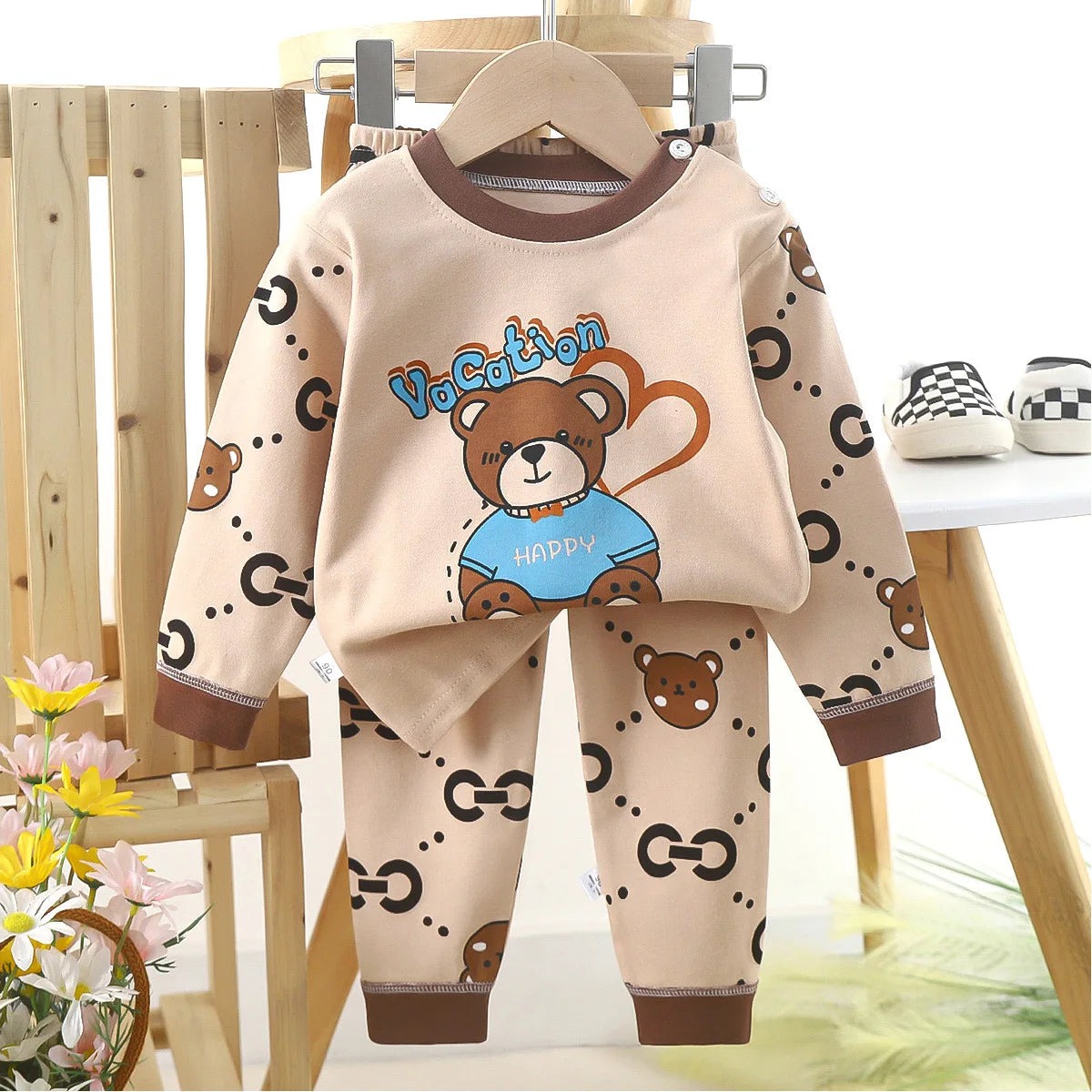 Kids Boys Casual Warm Cotton Pajamas Cute Cartoon Bear Long Sleeve T-Shirt Tops + Pants New Baby Autumn Sleepwear Clothing Sets