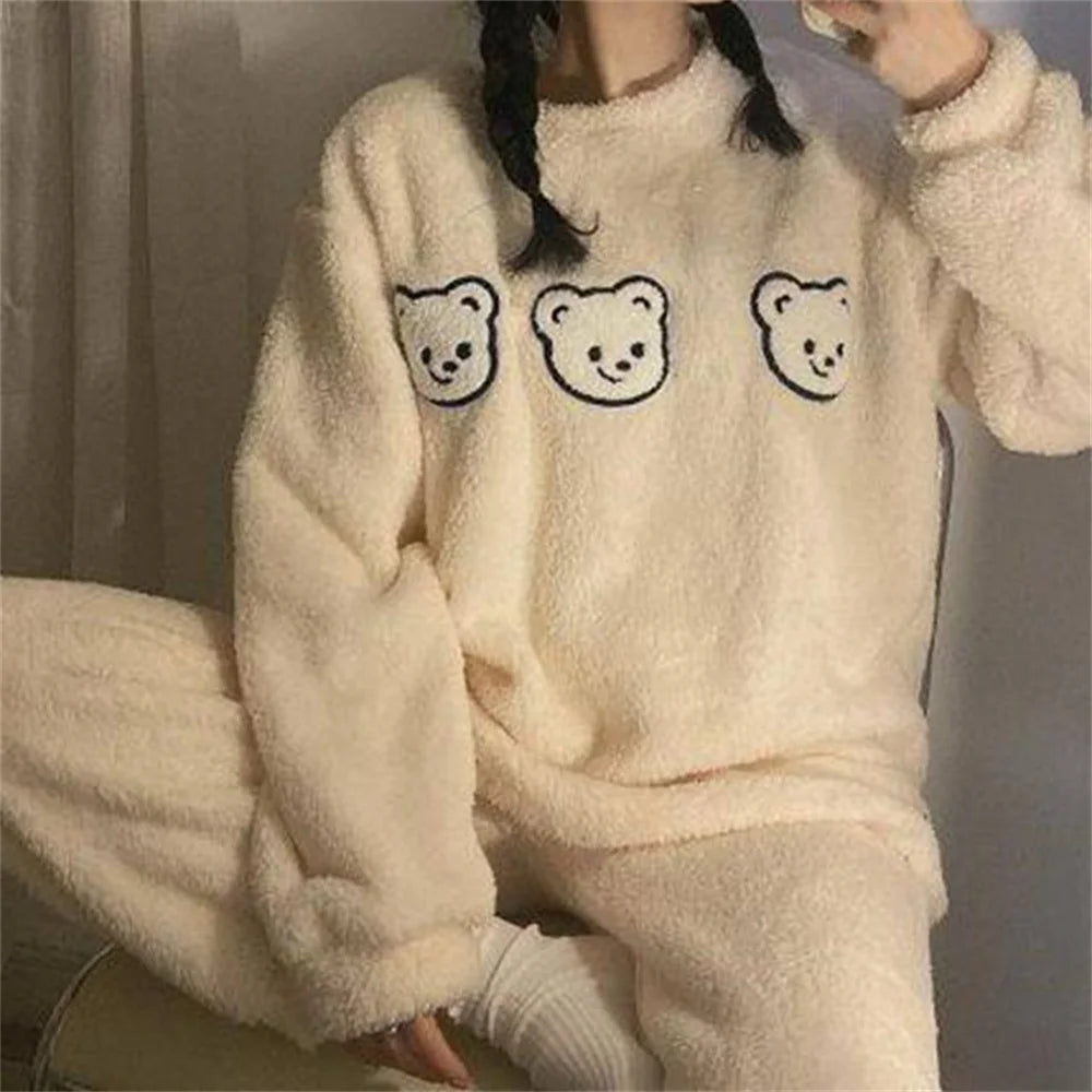 Autumn Winter Pijamas Kawaii Pajama Sets Women Cartoon Sweet Bear  Flannel Sleepwear Girl Pijama Mujer Night Suits Soft Homewear