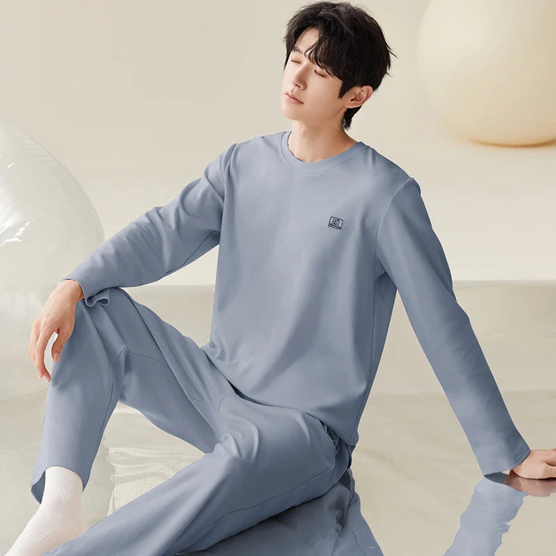 Men Pajamas Solid Color Casual Long Sleeves Long Pants Autumn Winter Simple Sleepwear Cozy Pijamas Soft Pyjamas Boys Nighty Male