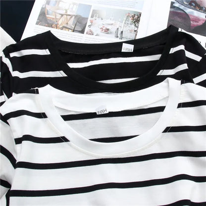 Women Loose Round Collar Autumn Stripes Print Loose Long Sleeve Casual Simple Wild T-Shirt