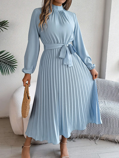 Autumn and winter elegant stand up collar long sleeved waist cinched pleated long skirt small dress women's solid color dress