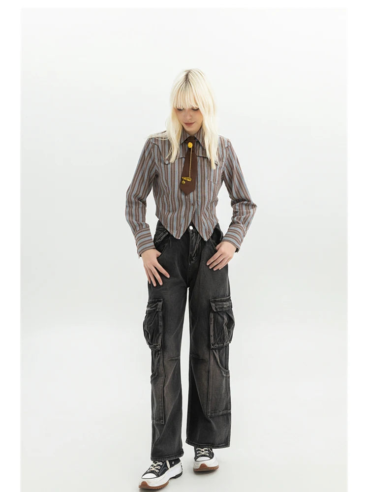 Women's Black Gothic Cargo Jeans Vintage Korean 90s Aesthetic Y2k Denim Trousers Harajuku High Waist Cowboy Pants 2000s Clothes